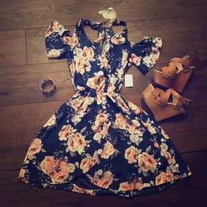 Navy Floral Cold Shoulder Tulip Dress